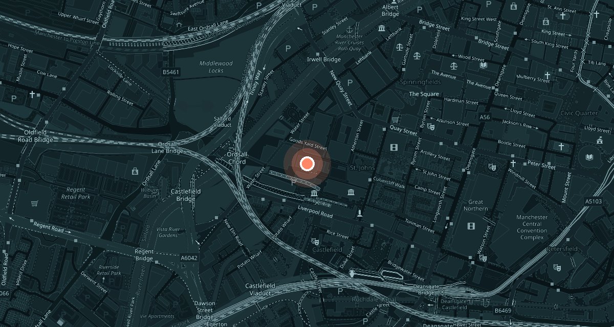 Map of Central Manchester with a pin on Bonded Warehouse, Lower Byrom Street, near Castlefield and Spinningfields