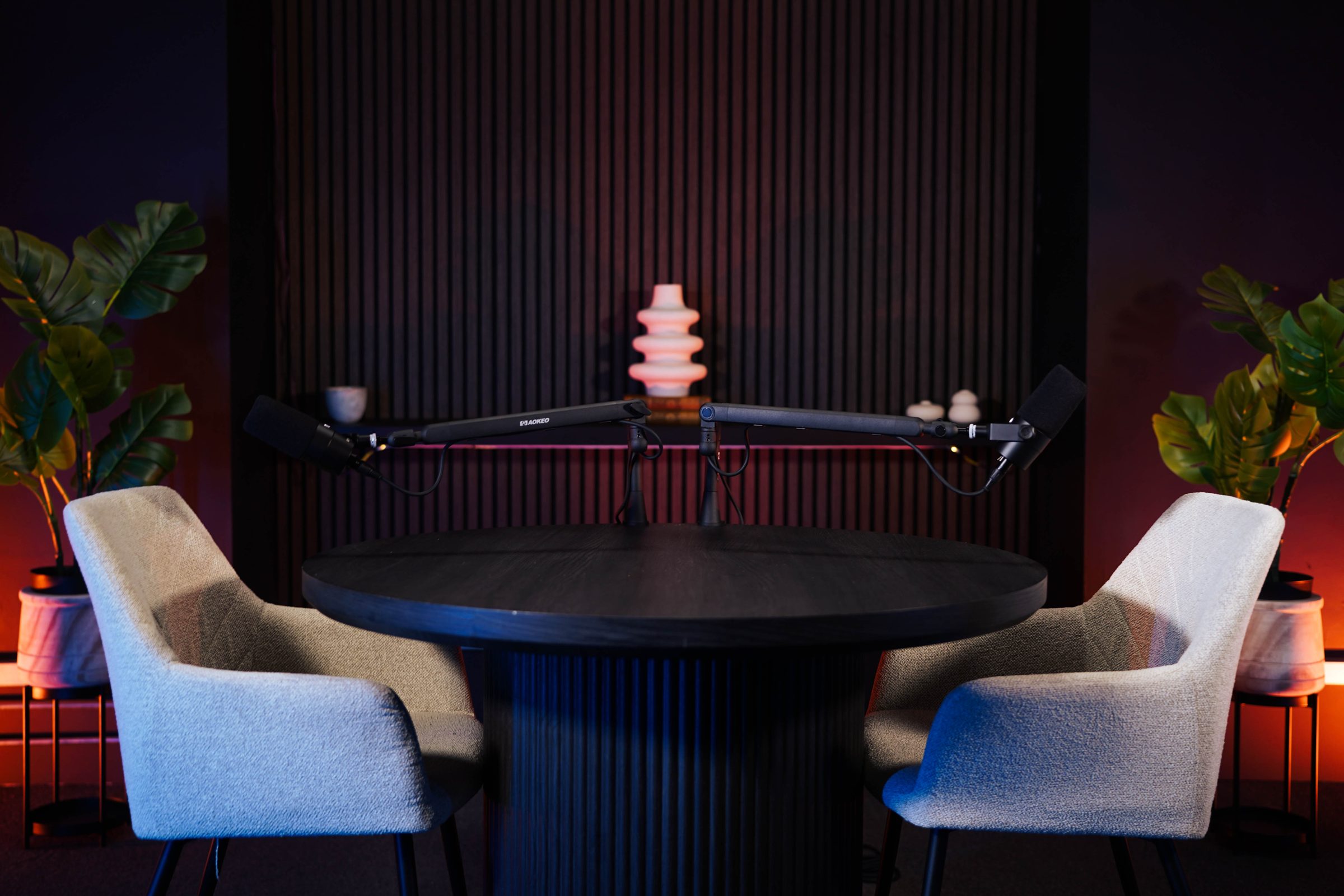 The mtb studios set: a round table, two chairs, and broadcast microphones on boom arms