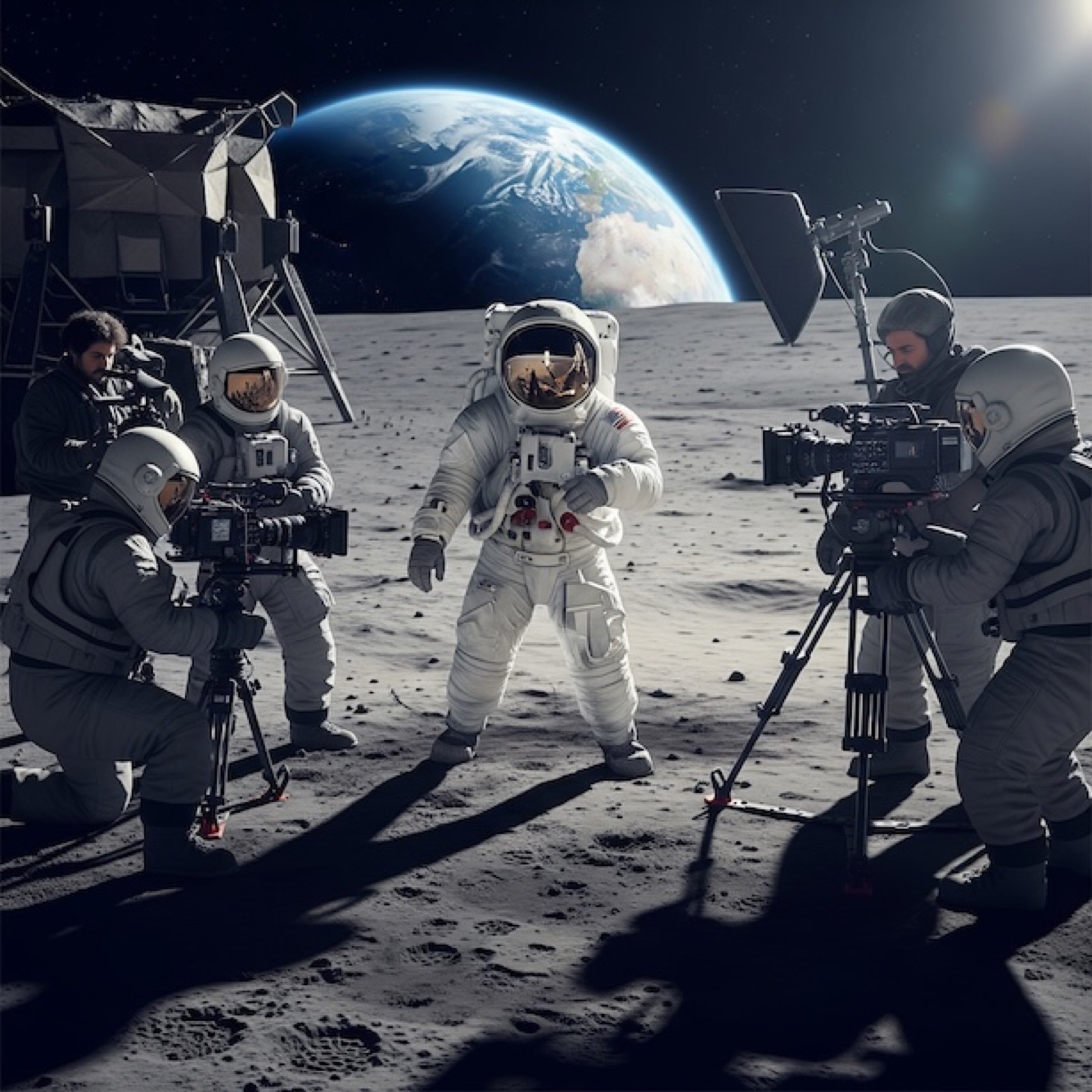 A playful concept image of a film crew shooting on the moon